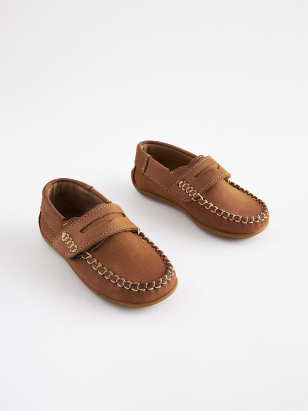 Tan Brown Standard Fit (F) Leather Penny Loafers with Touch and Close Fastening