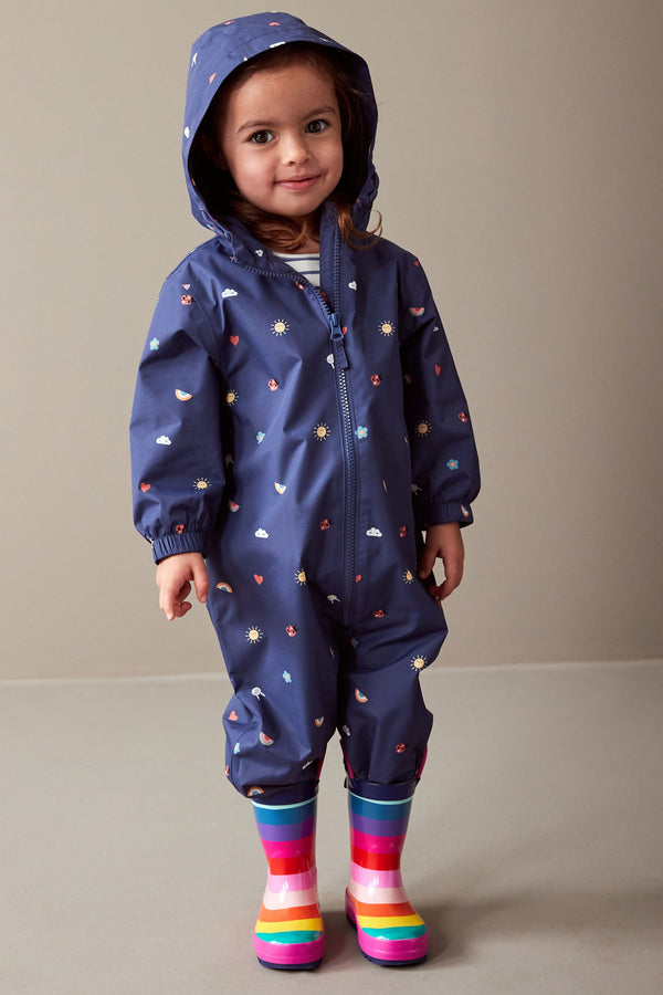 Navy Lightweight Waterproof Fleece Lined Printed Puddlesuit (3mths-7yrs)