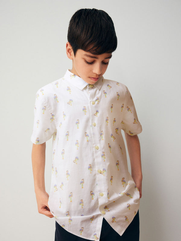 White 100% Cotton Short Sleeve Printed Shirt (3-16yrs)