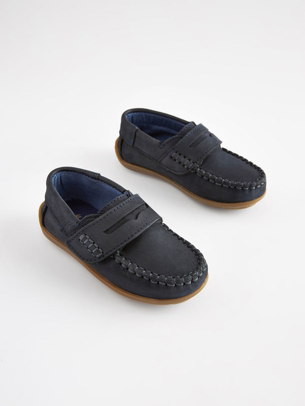 Navy Standard Fit (F) Leather Penny Loafers with Touch and Close Fastening