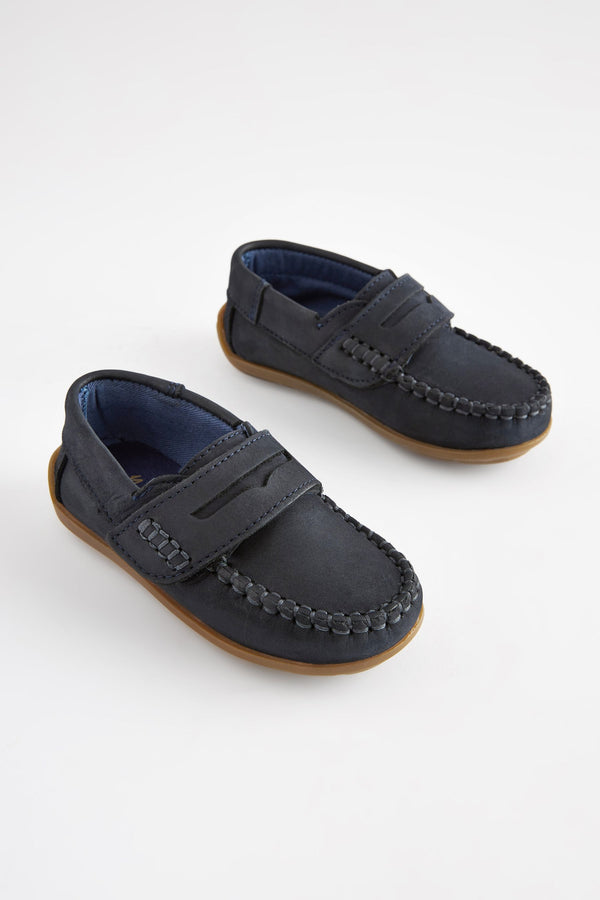 Navy Standard Fit (F) Leather Penny Loafers with Touch and Close Fastening