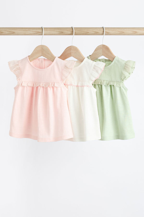 Green/Pink/White Short Sleeve 100% Cotton Baby Tops 3 Pack