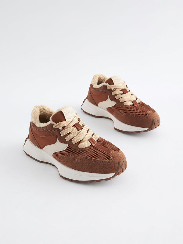 Tan Brown Borg Lined Lace-Up Chunky Trainers