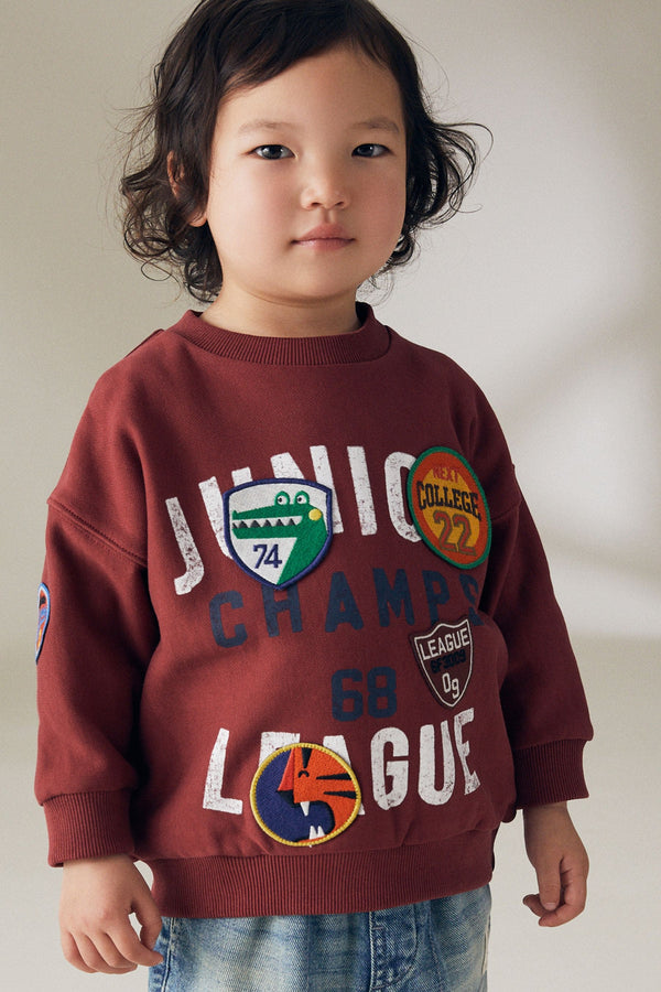 Burgundy Red Varsity Badged Crew Neck 100% Cotton Sweatshirt (3mths-7yrs)