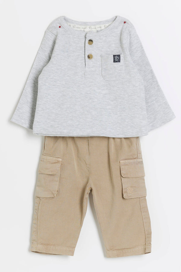 River Island Grey/Brown Baby Boys Top and Shorts 100% Cotton Set