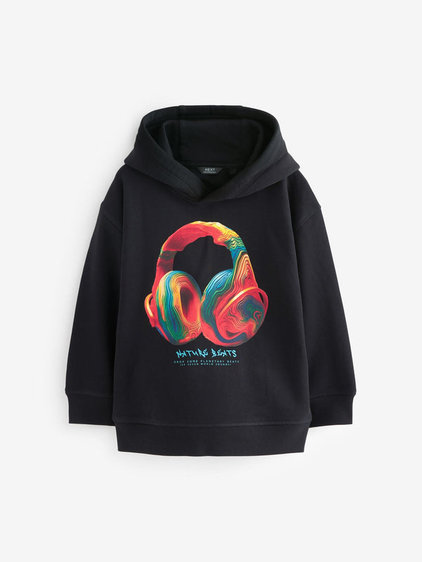 Black Headphones Graphic Print 100% Cotton Hoodie (3-16yrs)