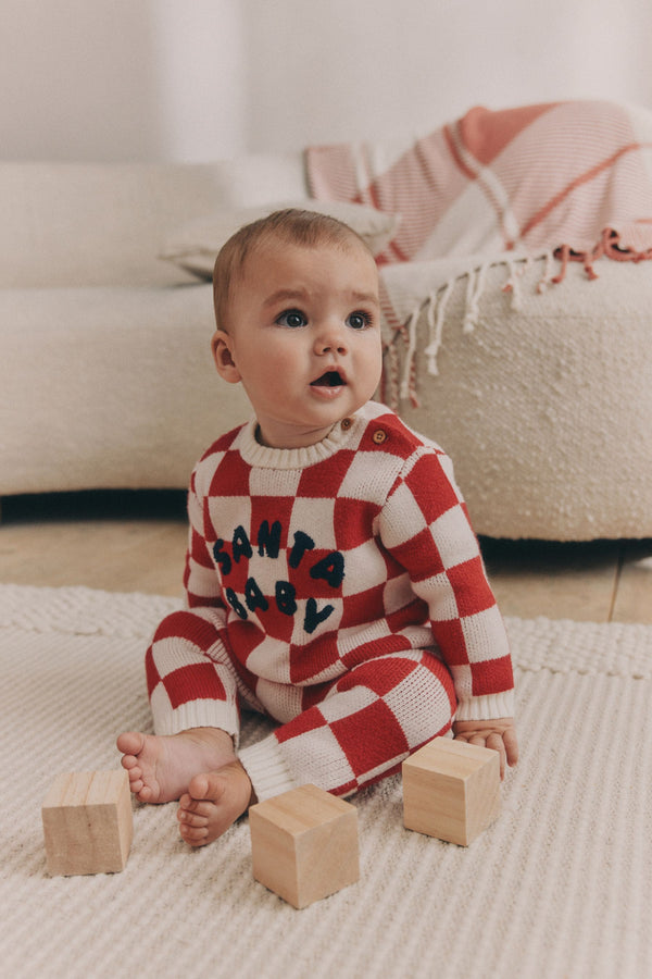 Red Checkerboard Christmas Baby Knitted Top and Leggings Set (0mths-2yrs)