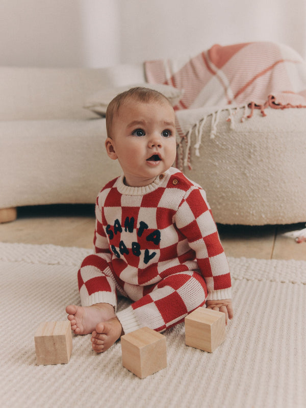 Red Checkerboard Christmas Santa Baby Knitted Top and Leggings Set (0mths-2yrs)