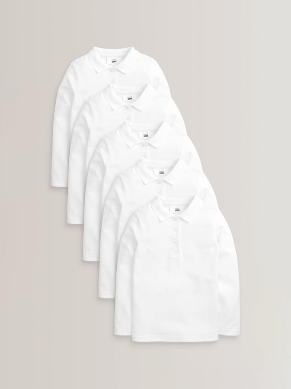 White Regular Fit 5 Pack 100% Cotton Long Sleeve School Polo Shirts (3-16yrs)