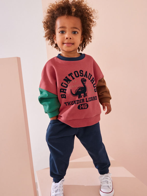 Red/Blue Dinosaur Printed Colourblock Sweatshirt and Joggers Set (3mths-7yrs)