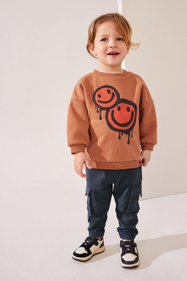 Rust Brown Happy Placement Print Utility 100% Cotton Sweatshirt and Joggers Set (3mths-7yrs)