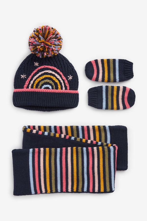 Navy Stripe Pom Hat, Mitts And Scarf 3 Piece Set (3mths-6yrs)