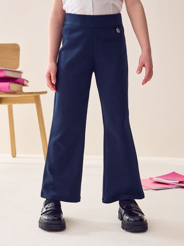 Navy Blue Regular Length Pull-On Cotton Rich Stretch Boot Cut School Trousers (3-16yrs)