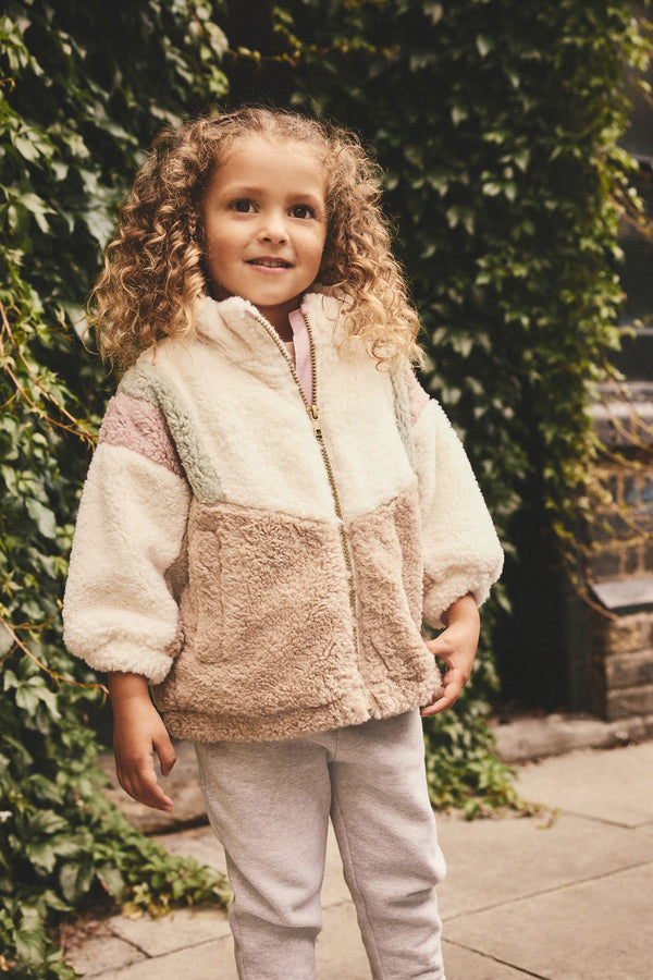 Cream/Brown Colourblock Borg Fleece Zip Through Jacket (12mths-7yrs)