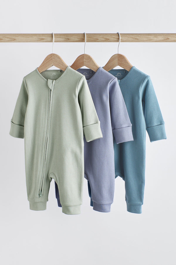 Blue / Grey Baby Plain Footless Zipped 100% Cotton Sleepsuits 3 Pack (0-3yrs)