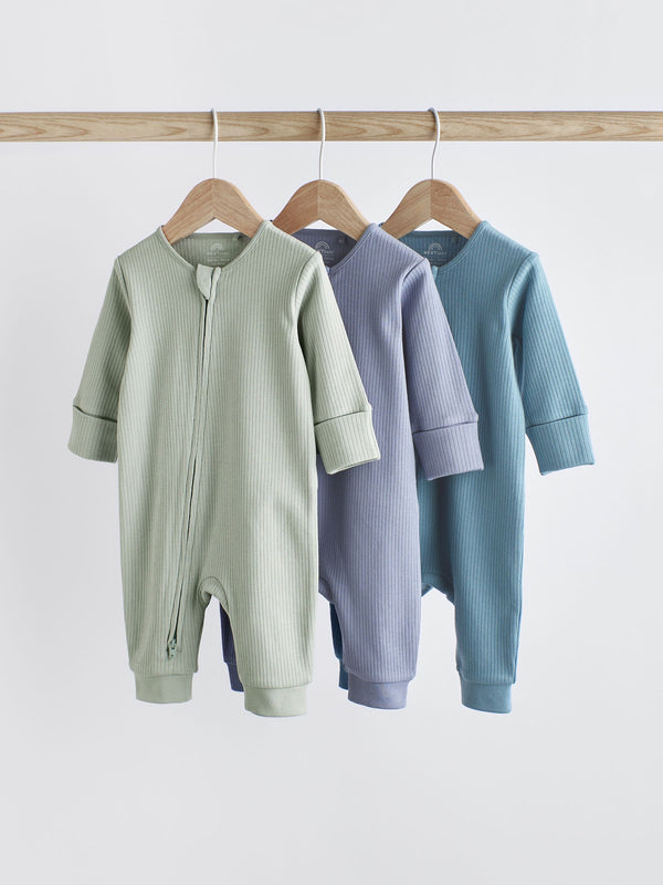 Blue / Grey Baby Zip Sleepsuits 3 Pack (0-3yrs)