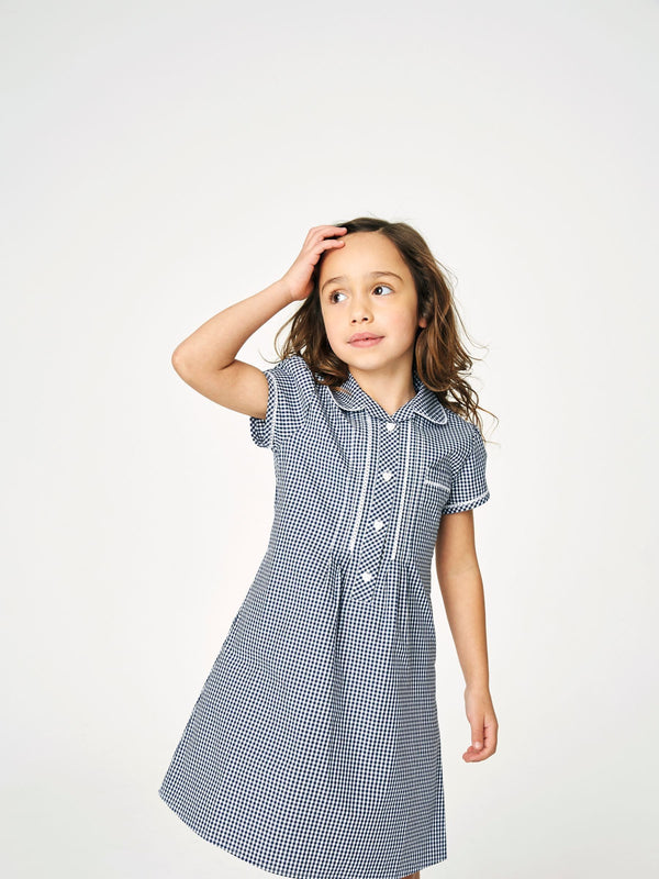 Navy Cotton Rich Button Front Lace Gingham School Dress (3-14yrs)