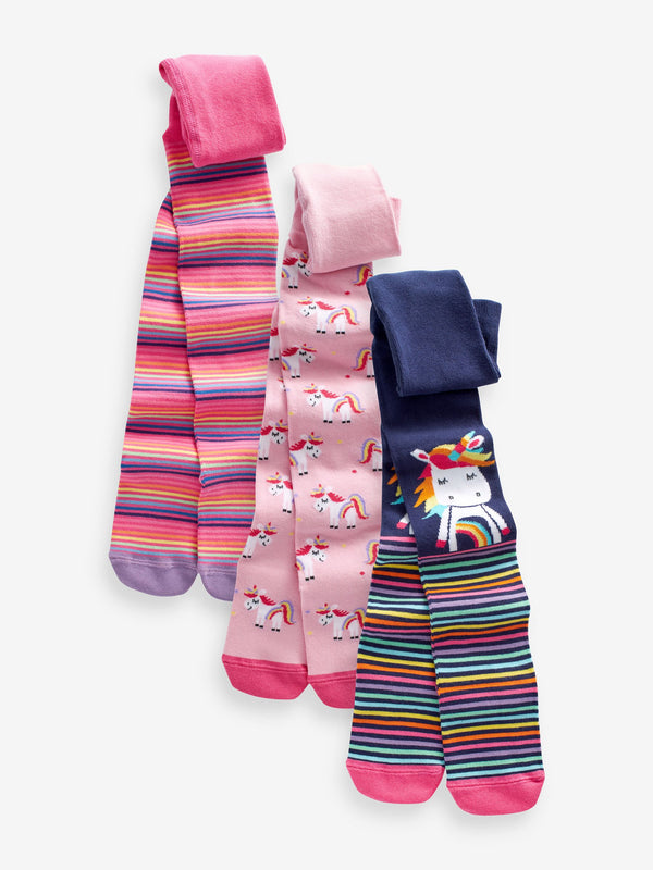 Pink and Navy 3 Pack Cotton Rich Unicorn Tights
