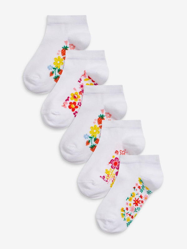 White Floral 5 Pack Cotton Rich Footbed Trainer Socks