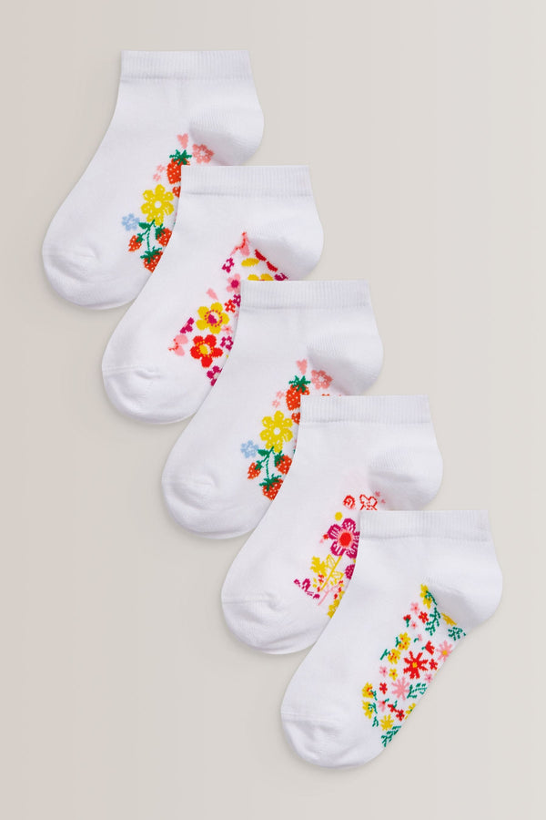 White Floral 5 Pack Cotton Rich Footbed Trainer Socks