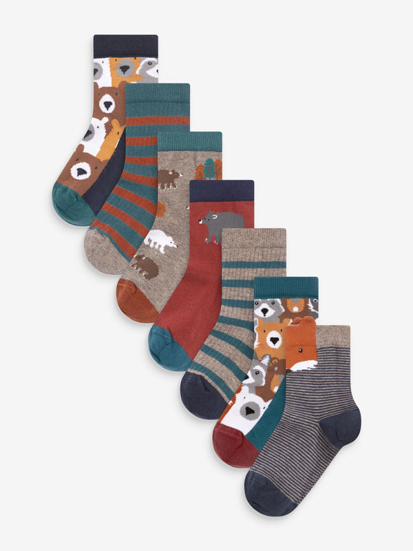 Brown Animal Stripe Cotton Rich Socks 7 Pack