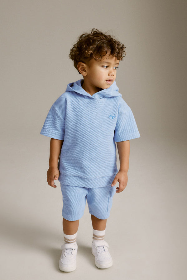 Teal Blue Short Sleeve Textured Hoodie and Shorts Set (3mths-7yrs)