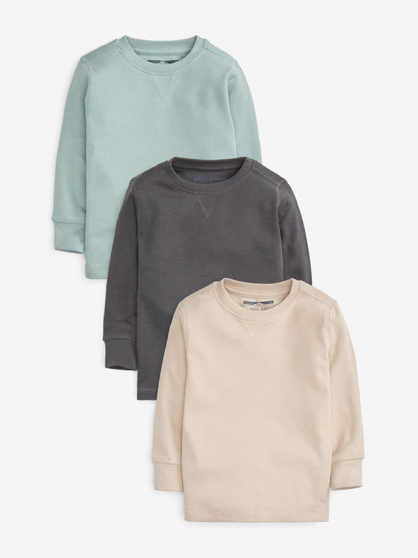 Light Blue/Neutral Long Sleeve Textured T-Shirts 3 Pack (3mths-7yrs)