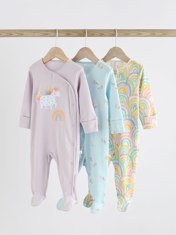 Purple Unicorn Baby 100% Cotton Sleepsuits 3 Pack (immediate)