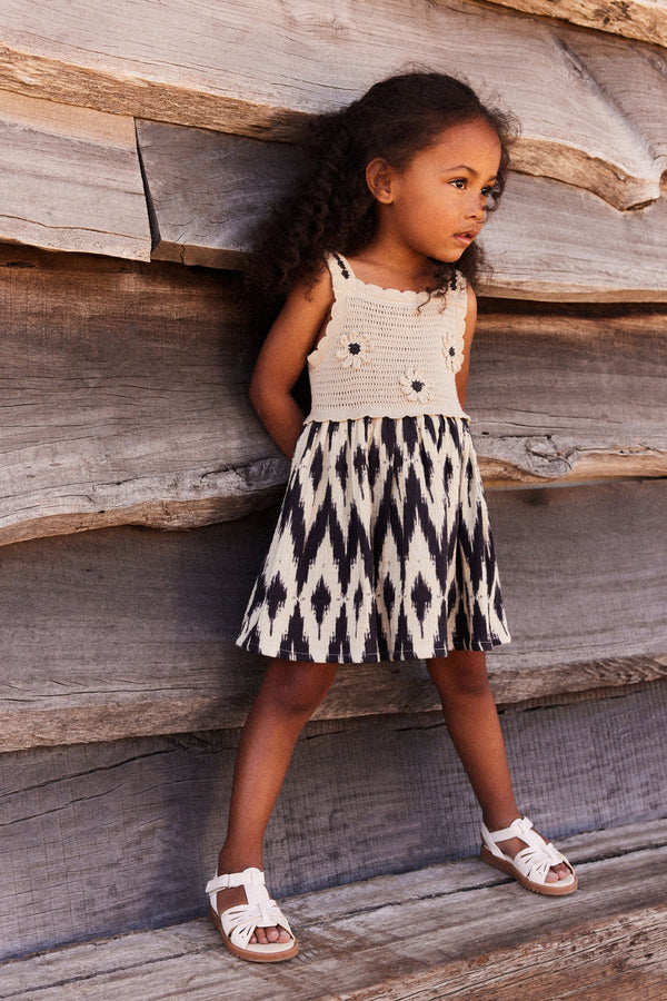 Black/White 100% Cotton Crochet Mono Dress (3mths-7yrs)