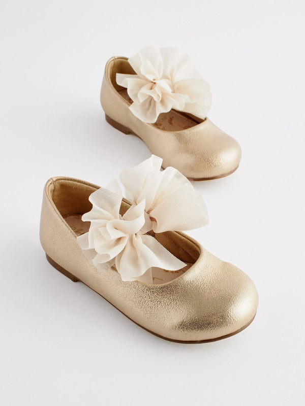 Gold Wide Fit (G) Mary Jane Flower Girl Bow Occasion Shoes