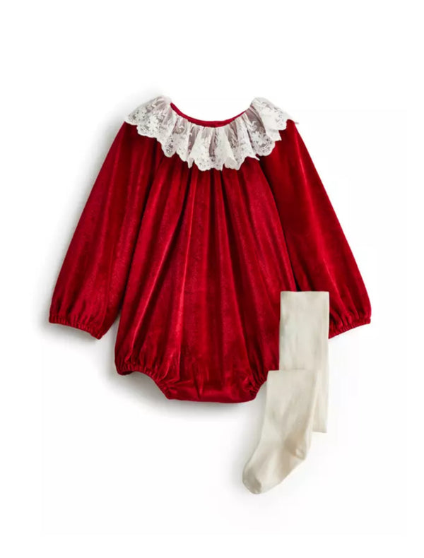 Tu Christmas Red Velour Collared Romper & Tights Set