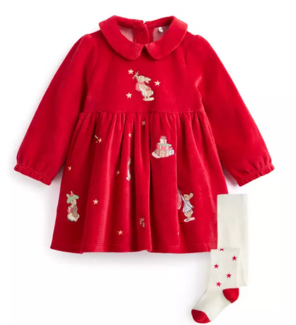 Tu Peter Rabbit Christmas Red Velour Dress & Tights Set