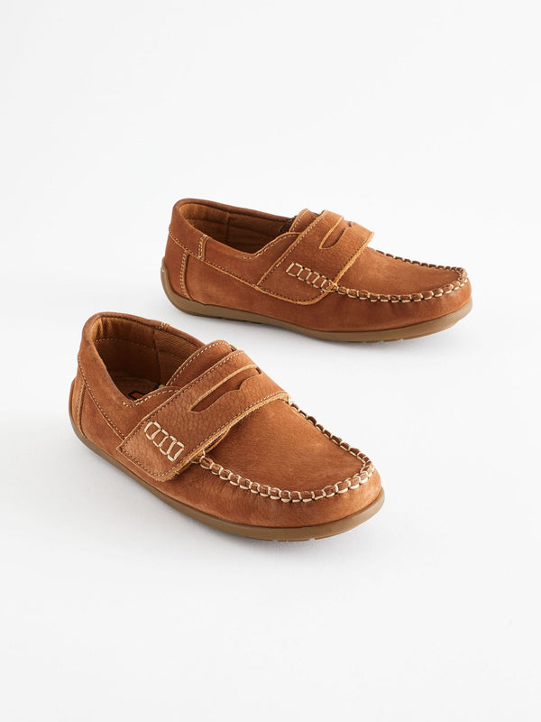 Tan Brown Wide Fit (G) Leather Penny Loafers with Touch and Close Fastening