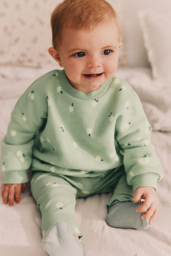 Green Daisy Print Baby Sweat Top And Leggings Set