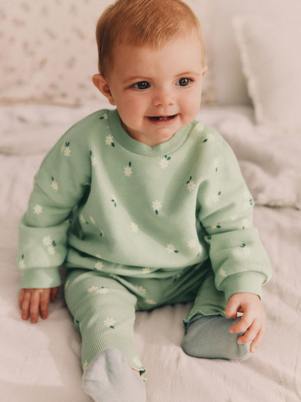 Green Daisy Print Baby Sweat Top And Leggings Set