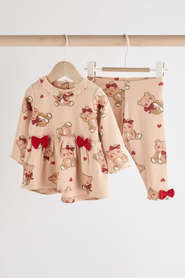 Beige/Red Check Bear Baby Long Sleeve Frill Top And Leggings Set