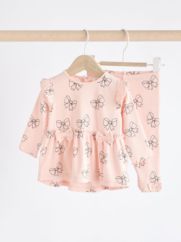 Pink Bow Print Baby Long Sleeve Frill Top And Leggings Set