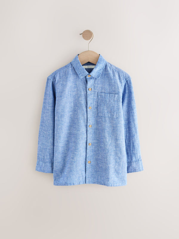 Blue Plain Long Sleeve Linen Mix Relax Fit Shirt (3-16yrs)