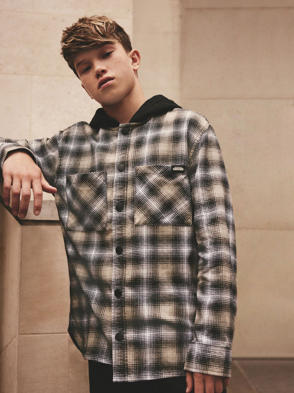 Black/White Long Sleeve Check 100% Cotton Hooded Shirt (3-16yrs)