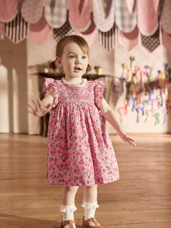 Cath Kidston Pink Strawberry Embroidered Shirred Frill Sleeve Dress (3mths-8yrs)