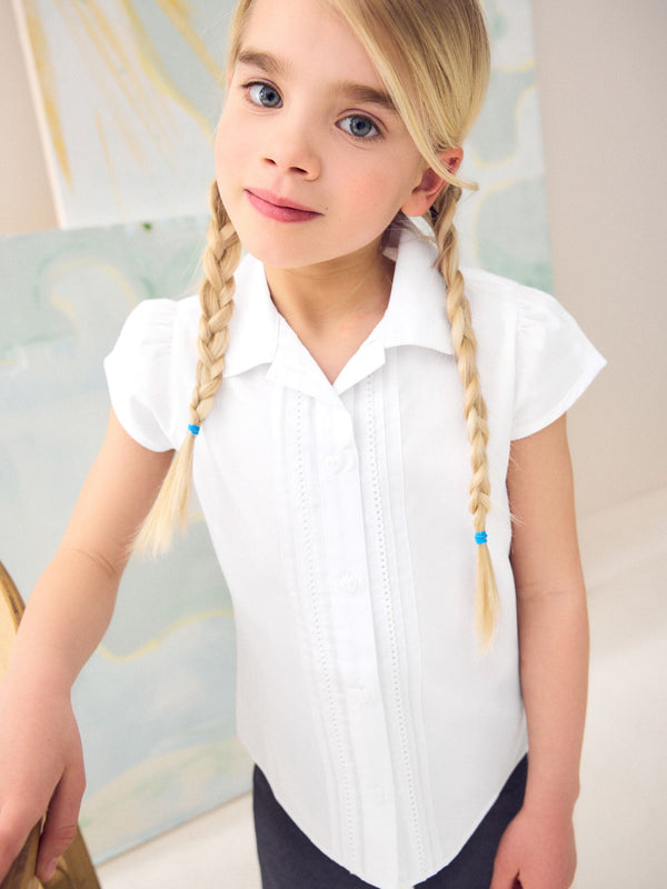 White Slim Fit Puff Sleeve Lace Trim School Blouse (3-14yrs)