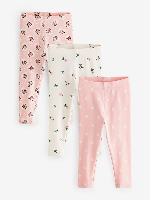 Cath Kidston Pink Floral Ribbed Leggings 3 Pack (3mths-7yrs)