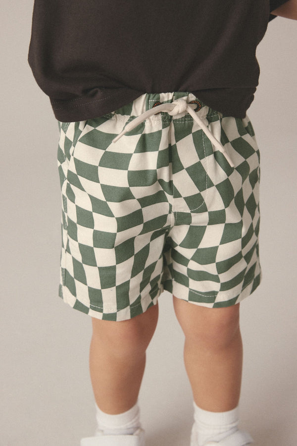 Green/Ecru Checkerboard 100% Cotton Pull-On Shorts (3mths-7yrs)