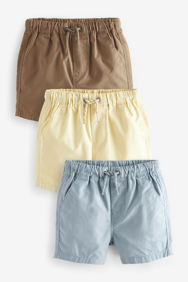 Tan/Blue/Lemon Pull-On 100% Cotton Shorts 3 Pack (3mths-7yrs)