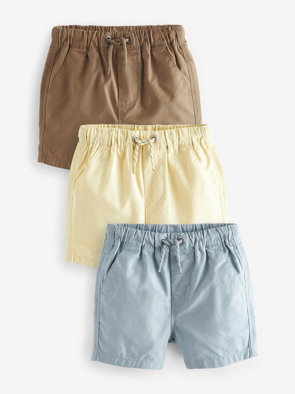 Tan/Blue/Lemon Pull On 100% Cotton Shorts 3 Pack (3mths-7yrs)