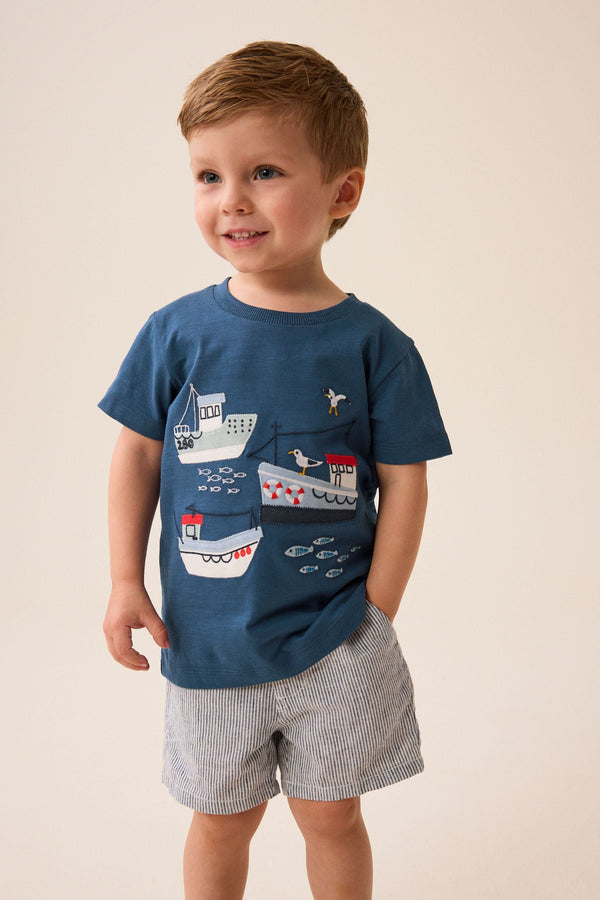 Navy Blue Appliqué Transport 100% Cotton Short Sleeve T-Shirt (3mths-7yrs)