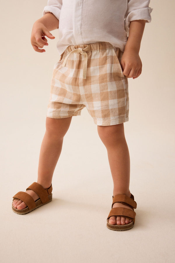 Neutral Check Linen Blend Pull-On Shorts (3mths-7yrs)