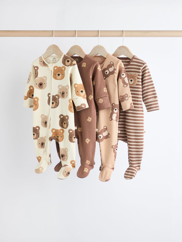 Tan Brown Bear Baby Zipped Sleepsuits 4 Pack (0mths-2yrs)