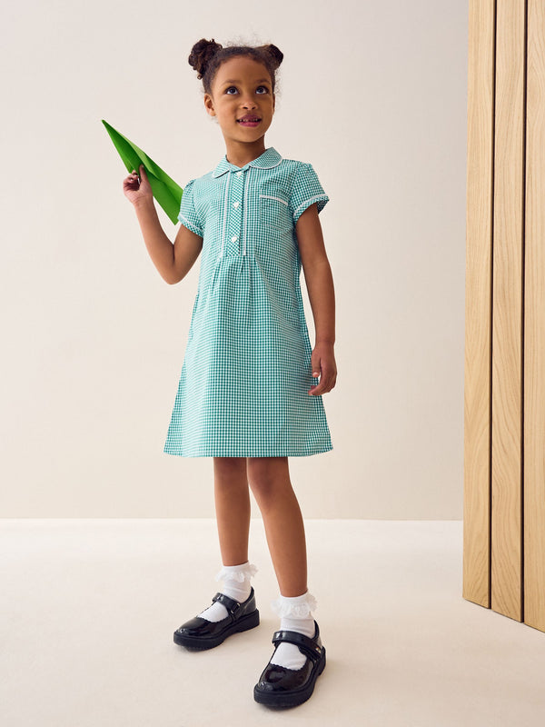 Green Cotton Rich Button Front Lace Gingham School Dress (3-14yrs)