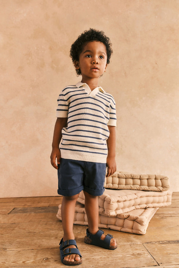 Ecru/Navy 100% Cotton Stripe Short Sleeved Polo Shirt (3mths-7yrs)